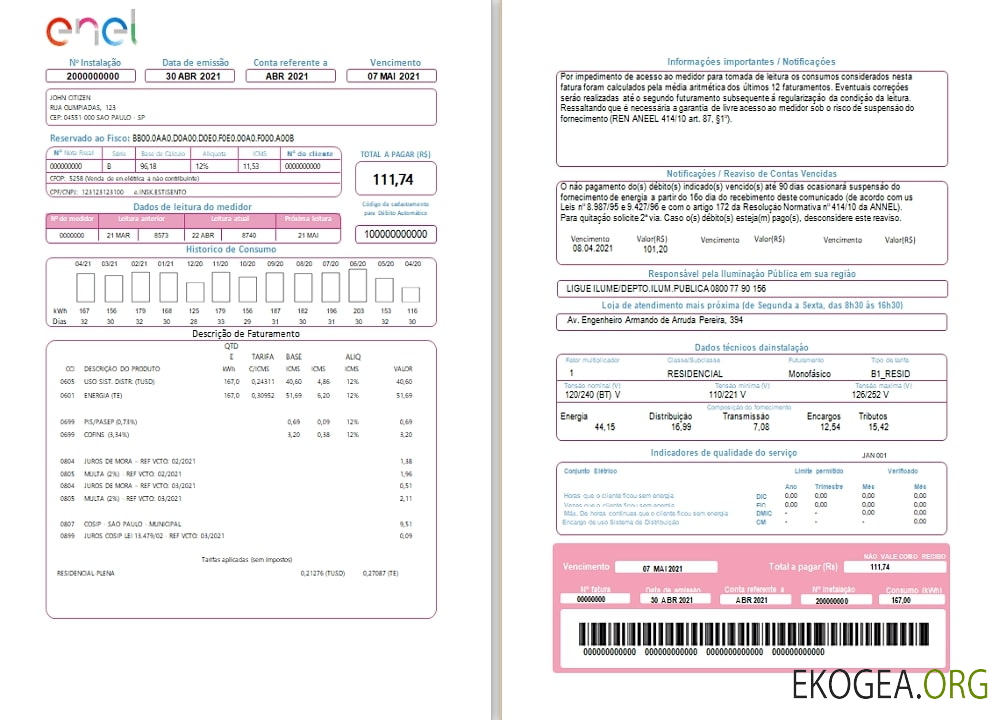 Brazil ENEL electricity utility bill (2 pages)